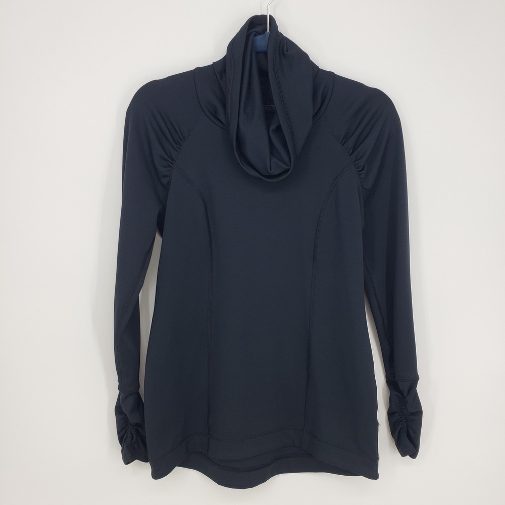 CALIA Funnel Cowl Neck Pullover Top Womens Small Black Ruched Long Sleeve Active